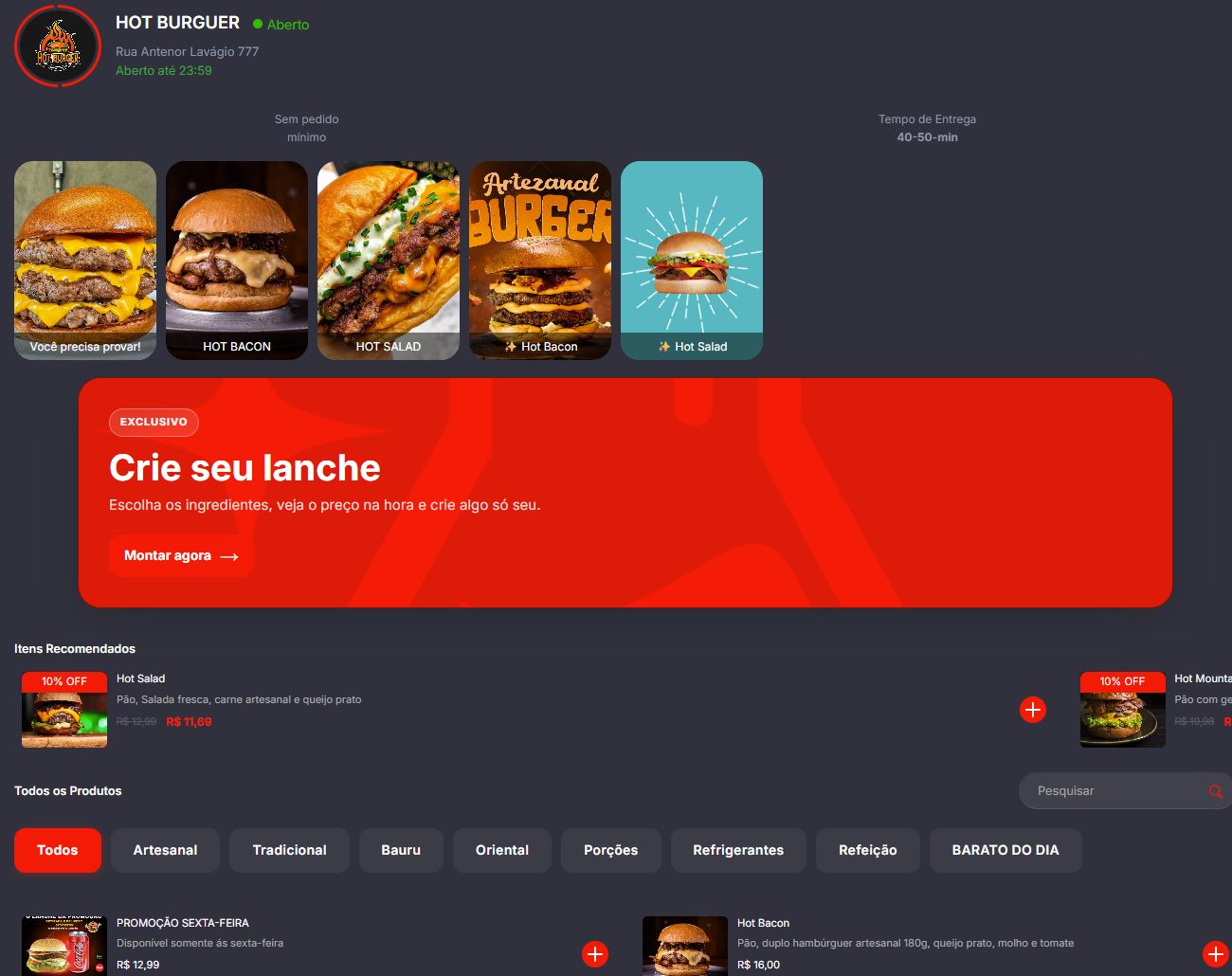 Cardápio real da loja de demonstração Hot Burguer