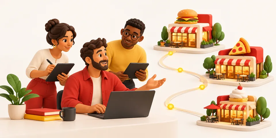 Ilustração de parceiros apresentando soluções para restaurantes