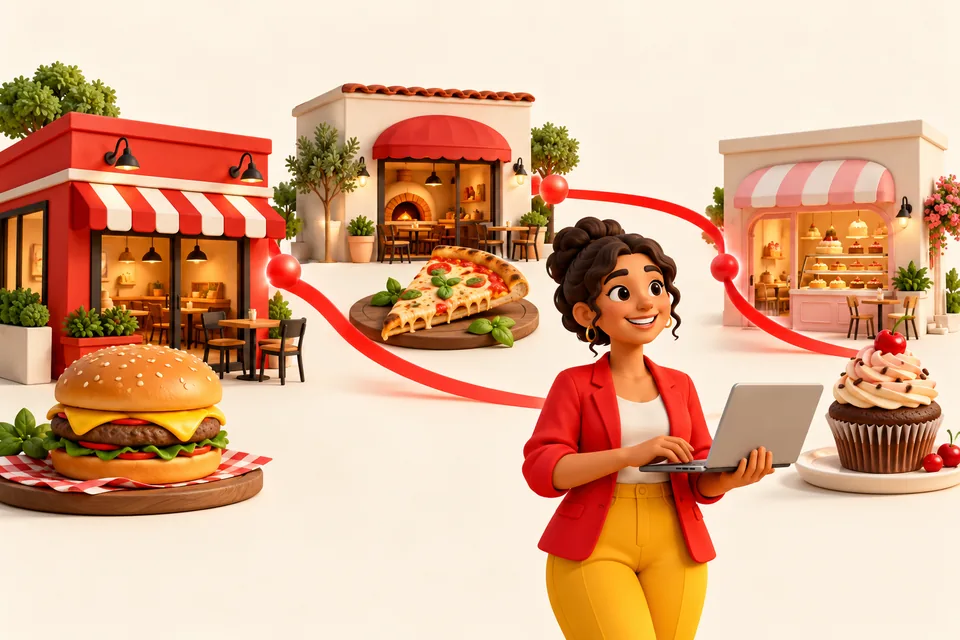 Ilustração de uma consultora conectando uma hamburgueria, uma pizzaria e uma doceria