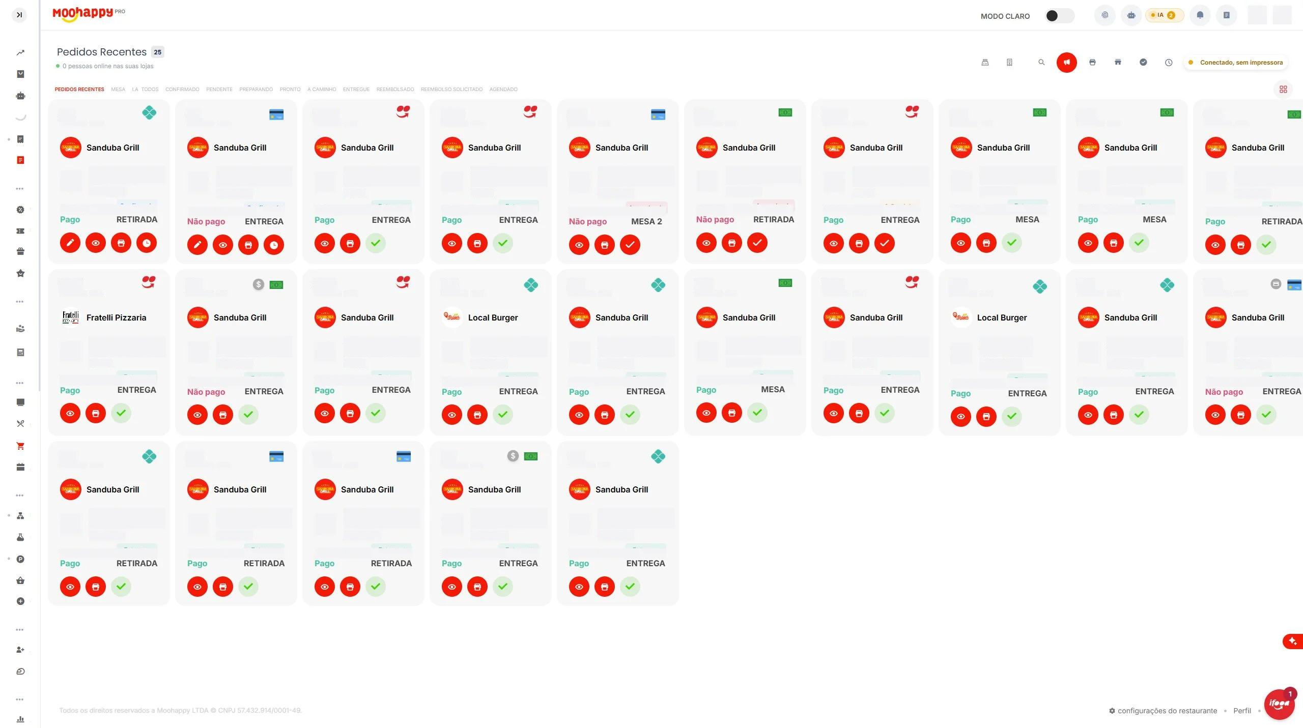 Painel real de pedidos no modo cartões, com dados privados ocultos