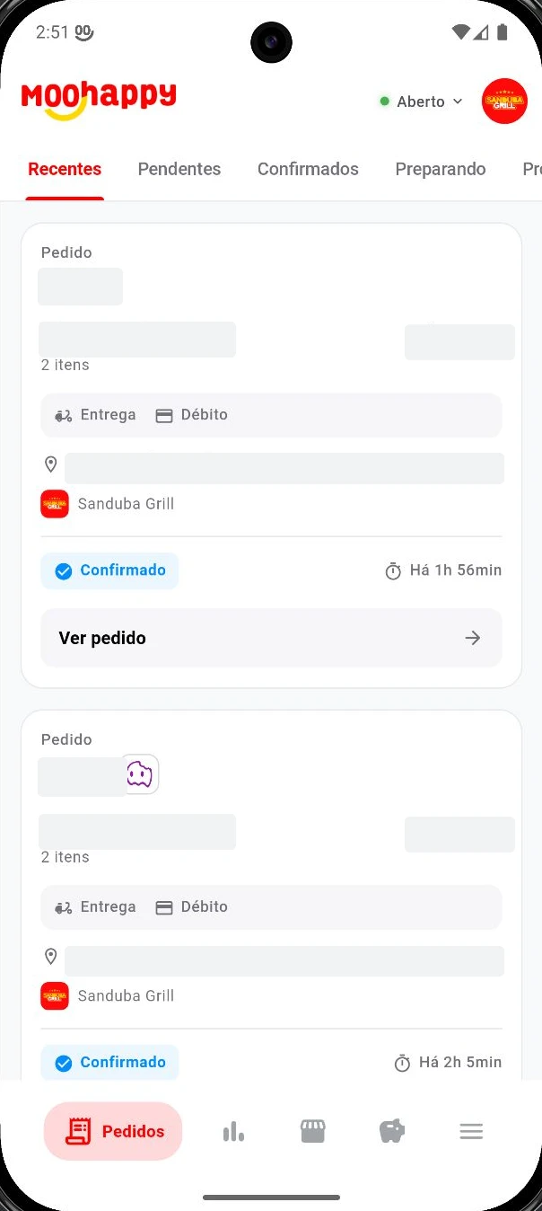 Tela real do aplicativo Moohappy Partners com dados privados ocultos
